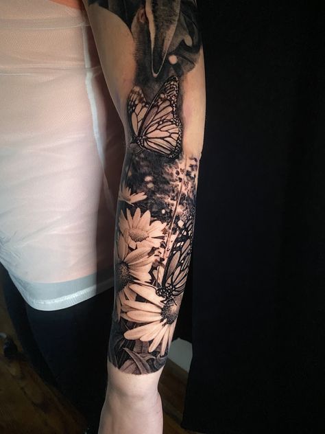 Realism Half Sleeve Tattoo Women, Feminine Realism Tattoo Sleeves, Sleeve With Butterfly Tattoo, Sleeve Tattoos For Women Realism, Realism Floral Tattoo Sleeve, Realism Feminine Tattoo, Mushroom Tattoo Realistic, Realism Flower Tattoo Sleeve, Rose Tattoo Sleeves