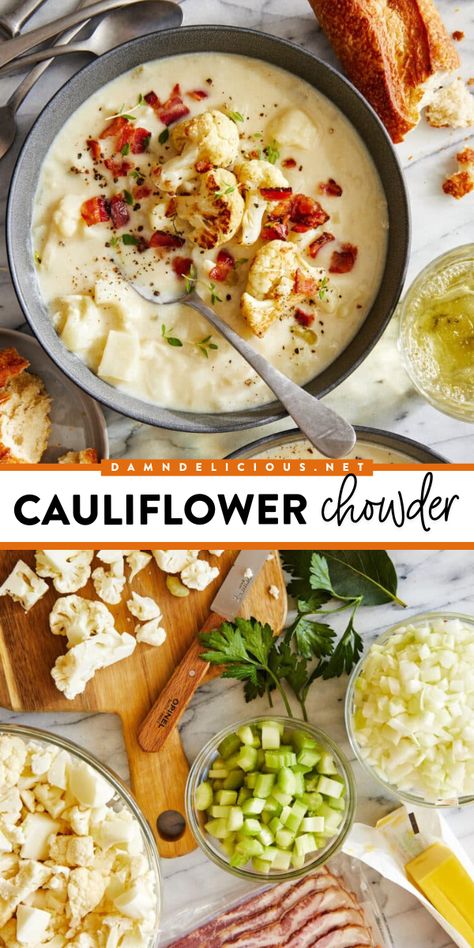 Whip up this cauliflower chowder recipe! Creamy and hearty with good-for-you veggies and some crisp bacon bits, this homemade soup is such yummy comfort food. This fall dinner idea is also low-carb! Vegetable Chowder, Cauliflower Chowder, Cozy Soup, Fall Fun Food, Cauliflower Soup Recipes, Quick And Easy Soup, Chowder Recipe, Creamy Cauliflower, Best Soup Recipes