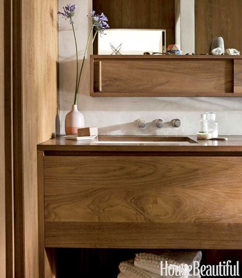 A small but efficient master bath is packed with storage. XO series fixtures by Lefroy Brooks.   - HouseBeautiful.com Bedroom Ideas For Small Rooms Women, Japanese Inspired Home, Beautiful Bathroom Designs, Japanese Interior Design, Wood Bathroom, Small Room Bedroom, Beautiful Bathrooms, Modern Bathroom Design, Bathroom Inspiration