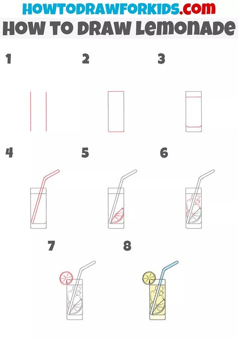 How to Draw Lemonade - Easy Drawing Tutorial For Kids How To Draw A Drink Step By Step, How To Draw A Juice Box Step By Step, Lemonade Drawing Easy, How To Draw Drinks, Drinks Drawing Easy, Drink Drawing Easy, Lemonade Drawing, Drink Sketch, Drink Drawing