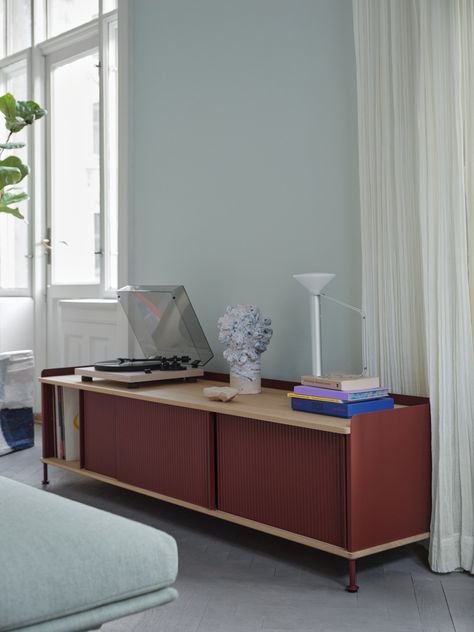 Enfold Sideboard | Scandinavian storage design Scandinavian Storage, Living Room Industrial, Sideboard Scandinavian, Floor Standing Light, Tall Sideboard, Low Sideboard, Oak Table Top, Unique Composition, Side Board