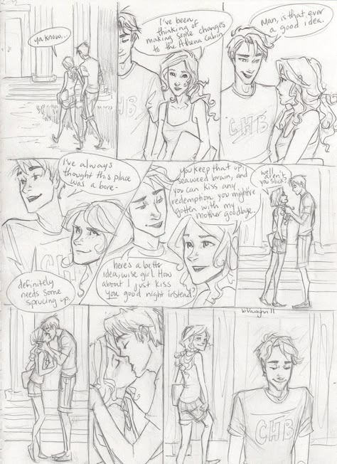 Before Percy got taken by Hera, he's being a gentleman and walking Annabeth to her cabin Burdge Bug, Underwater Kiss, Night Kiss, Percy Jackson Annabeth Chase, Percy Jackson Comics, Percy And Annabeth, Percy Jackson Fan Art, Percy Jackson Characters, Kane Chronicles