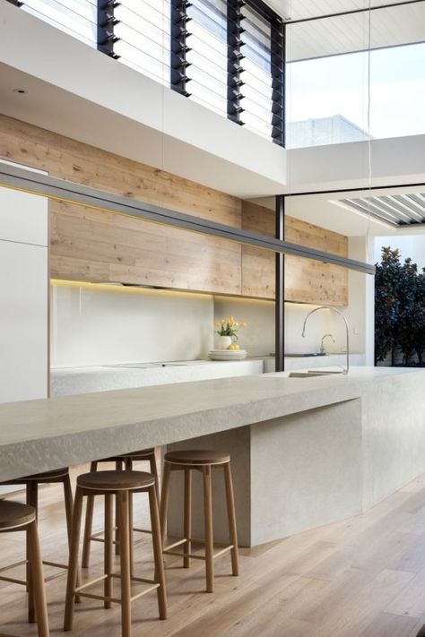 Concrete Landscaping, Concrete House Design, Kitchen Styling Modern, Classy Kitchen, Outdoor Kitchen Bars, Concrete Bench, Box House, Island Bench, Concrete Kitchen