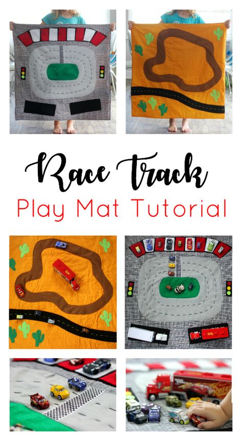 Make a race track play mat to inspire creative play in your home! This double sided mat is soft to sit on and folds up for easy storage. The perfect place to play with your favorite cars and trucks! Diy Car Play Mat, Playmat Diy, Diy Playmat, Baby Gift Sewing Projects, Felt Playmat, Quilt Play Mat, Diy Cars, Car Play Mats, Holiday Hand Towels