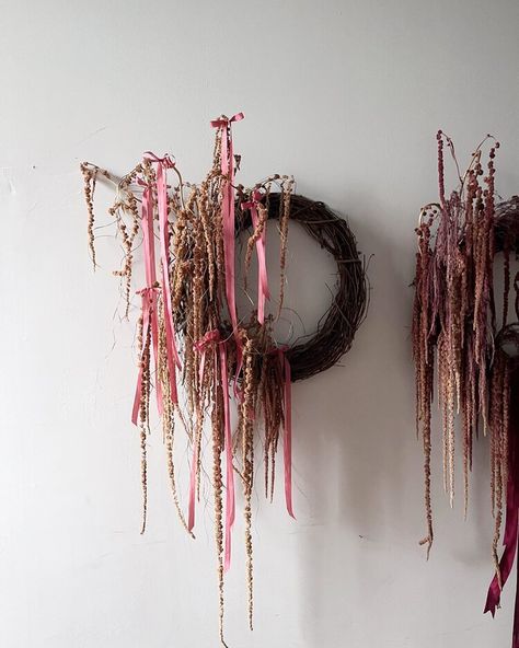 Dried amaranth wreath with silk bows. Portland, Maine Florist- FIELD Dried Amaranth Wreath, Amaranth Wreath, Tilda Christmas, Wreath Party, Flower Farms, Maple Leaf Wreath, Wreath With Bow, Dried Wreath, Cape Elizabeth