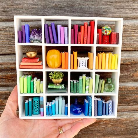 Rainbow Shelf Decor, Mini Book Display, Mini Bookshelf Diy, Diy Mini Bookshelf, Ikea Book Shelf, Rainbow Bookshelves, Sophomore English, Magazine Scrapbook, Rainbow Bookshelf