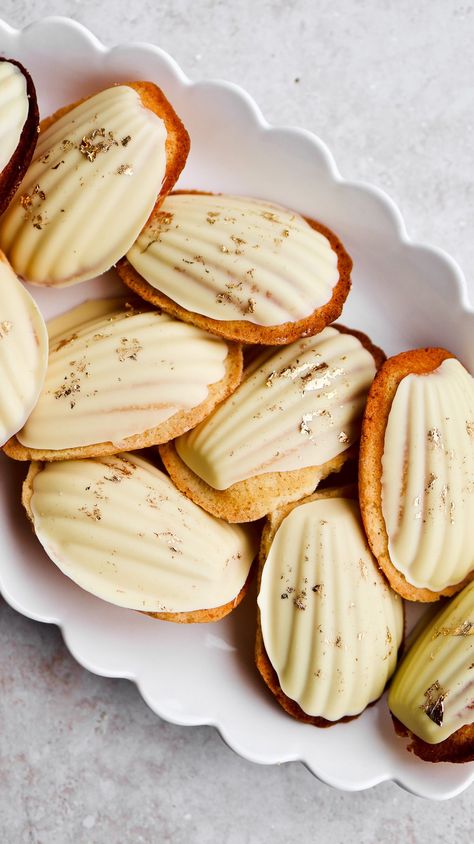 Desserts Lemon And White Chocolate, Chocolate Madeleines, Lemon Madeleines, Caster Sugar, Baking Cupcakes, Plain Flour, Lemon Zest, Unsalted Butter, Melted Butter