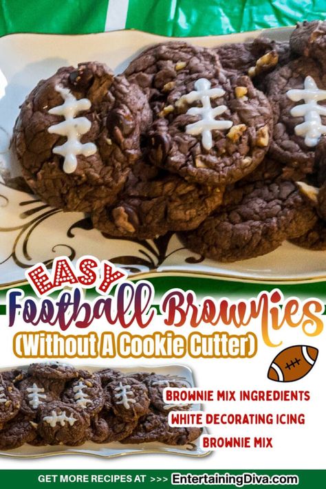 Make these extremely delicious football brownies for that special Super Bowl party! These fudgy football brownies are a touchdown dessert for your super bowl party. Football Brownies, Football Party Ideas, Cake Mix Ingredients, Football Cookies, Jello Shot, Cookie Brownie Recipe, Football Party Food, Easy Party Food, Superbowl Party Food