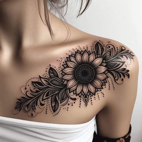 Half Sleeve Cover Up Tattoo For Women, Sunflower Cover Up Tattoo, Girasoles Tattoo, Tatuaje Cover Up, Feminine Shoulder Tattoos, Cover Up Tattoos For Women, Abstract Tattoo Ideas, Sunflower Tattoo Sleeve, Sunflower Tattoo Shoulder