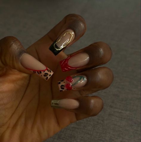 Autumn/Fall Nail inspo cherry red cheetah acrylics Cherry Fall Nails, Cheetah Print Nails With Cherry, Cherry Cheetah Nails, Cheetah Acrylics, Red Cheetah Print Nails, Nail Inspo Cherry, Red Cheetah Nails, Fall Nail Inspo, Cheetah Print Nails