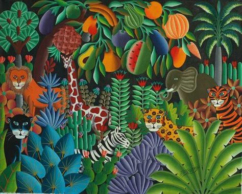 Henry Rousseau. Jungle Artwork, Jungle Painting, Naïve Artist, Haitian Art, Arte Folk, Jungle Illustration, Jungle Art, Caribbean Art, Primitive Art