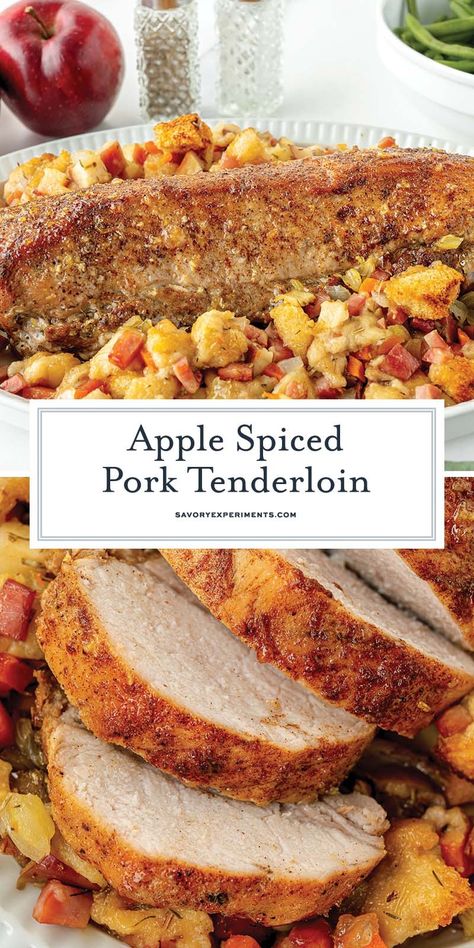 Apple Spiced Pork Tenderloin is a pork recipe uses aromatic spices and an apple jelly glaze with apple and ham stuffing, all in one pan! Pork Tenderloin With Stuffing Recipes, Apple Pork Tenderloin Oven, Apple Pork Roast Recipes, Pork Loin Recipes With Apples, Dinner Ideas Pork Tenderloin, Apple And Meat Recipes, Pork Loin And Apples Crockpot, Pork Apple Recipe, Apple Pork Tenderloin Recipes