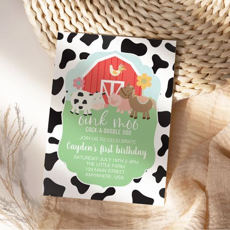 Farm animal birthday invitation with cow print | #cutefarmanimals #barn #farmbirthdayinvite #farmbirthdayparty #farmanimalbirthdayinvite #girlfarmbirthdayinvite #farm #boyfarmbirthdayinvite #farmanimals #cowprint Animal Farm Birthday Party, Farm Birthday Party Invitations, Cow Print Birthday, Girls Farm Birthday, Wild West Birthday, 98th Birthday, 82nd Birthday, Animal Birthday Invitation, Farm Themed Birthday Party