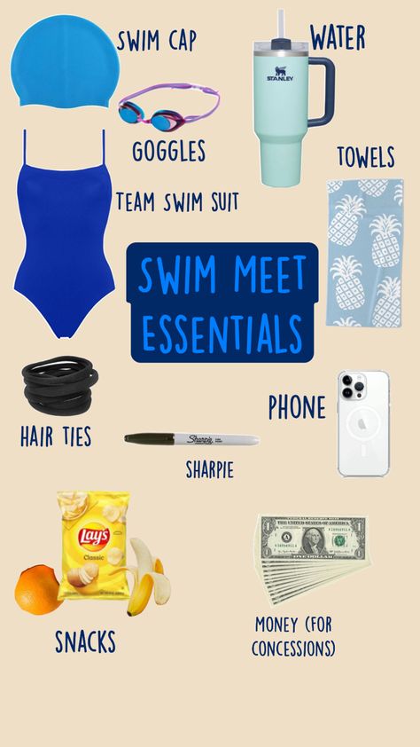 Tell me if I missed anything Whats In My Swim Bag, Swim Meet Packing List, Swimmer Essentials, What To Bring To A Swim Meet, Swim Class Essentials, What To Pack For A Swim Meet, Swim Meet Essentials, Swimming Bag Essentials, Swim Team Essentials