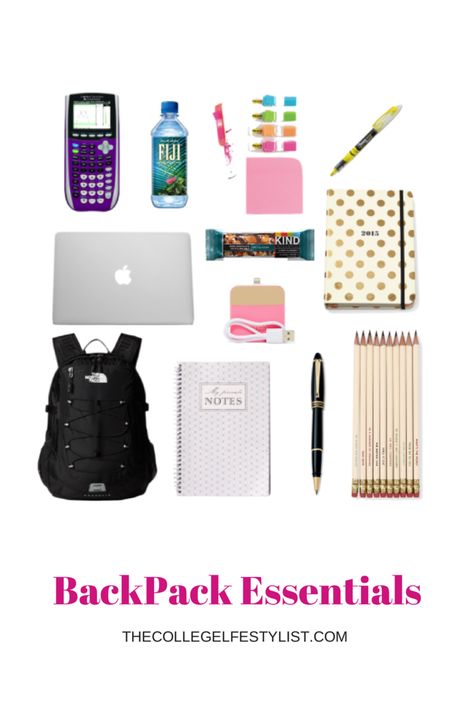 Backpack Essentials — Alex Marie Back To University, School Supplies Highschool, School Suplies, College Supplies, Backpack Essentials, College Survival, College Organization, Trip Essentials, College Tips