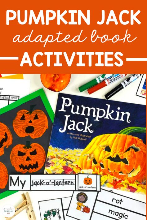 Pumpkin Jack is a delightful picture book perfect for a fall read aloud. Today, I’m sharing 5 adapted activities to do with your special education classroom. During the whole group lesson have students complete the story map. Sequencing activities and vocabulary activities can be completed in small groups or independently. To review, they can complete a reading comprehension activity. Wrap up your mini unit with a visual craft of an apple print pumpkin! Pumpkin Soup Book Activities, Pumpkin Jack Book Activities, Pumpkin Pumpkin Book Activities, Pumpkin Unit First Grade, Pumpkin Jack Book, Halloween Read Alouds, Fall Classroom Activities, Retelling Activities, Special Education Lesson Plans