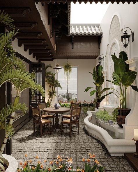 CAM PHA VILLA :: Behance Village House Design Interiors, Courtyard Home Design, Courtyard House Exterior, House Courtyard Design, Spanish Courtyard House, Courtyard House Design, Indian Spa, House With Courtyard, Home Courtyard