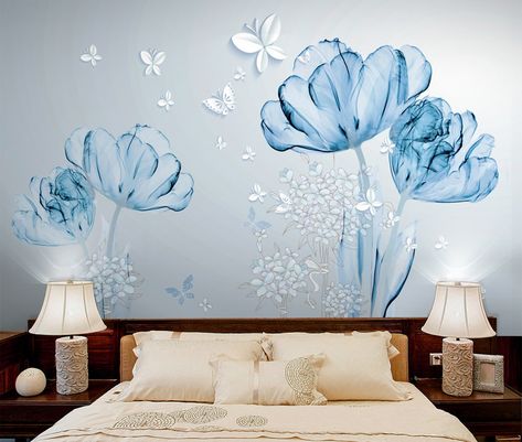 Butterfly Wall Painting, Butterfly Wall Mural, Blue Flowers Wallpaper, Wall Dimension, 3d Wallpaper Blue, Butterfly Bedroom, 3d Wallpaper For Bedroom, Adhesive Wall Art, Blue Flower Wallpaper