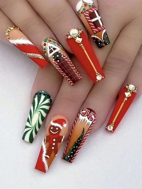 Medium-Size Ballet Style Christmas Red & Green Ombre Rhinestone Decorated Press-On Nails For Women (24PCS), Includes 1pc Jelly Gel & 1pc Nail File. Artistic Nail Decor, Elegant DesignI discovered amazing products on SHEIN.com, come check them out! Crazy Christmas Nails, Nail Noel, Green Halloween, Christmas Manicure, Christmas Squares, Nail Swag, Halloween Nail, Halloween Nail Art, False Nail