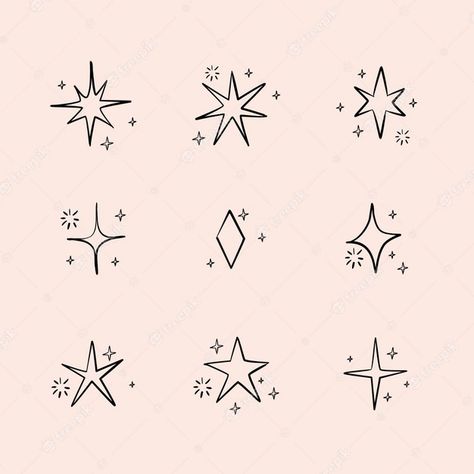 Free Vector | Hand drawn sparkling star collection Simple Stars Drawing, Doodle Stars Hand Drawn, Stars Drawn Aesthetic, Drawn Star Tattoo, Stars Hand Drawn, Sparkle Outline Tattoo, Twinkly Star Tattoo, Sparkle Tattoo Sleeve Filler, Sparkle Drawing Simple