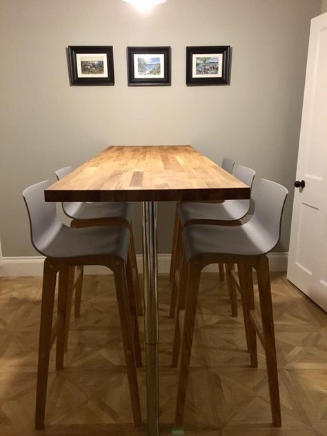 Breakfast bar for the kitchen seating 6-7 people.  Chairs - Drift wood and light grey seat www.atlanticshopping.co.uk https://www.atlanticshopping.co.uk/bar-stools/drift-oak-and-light-grey-fabric-stool.html Table top - Solid oak kitchen worktop Råsunda 186x60x3.8 from Ikea #breakfastbarchairs #breakfastbar #highchairs #barstools #greychairs #Breakfastbar #IkeaWorktopRåsunda Small Breakfast Bar, Small Breakfast, Small Utility Room, Breakfast Bar Chairs, White Dining Room Chairs, Open Kitchen And Living Room, Kitchen Seating, Table Haute, Oak Kitchen