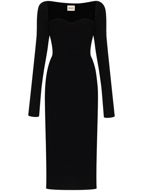 This black KHAITE Beth ribbed knit dress is crafted in Italy. It features an open collar with a sweetheart neckline, long sleeves, scoop back, maxi length, and is shaped for a fitted silhouette. This Khaite dress is exactly what our wardrobe needed - the kind of dress has the ability to take your Beth away. | KHAITE Beth ribbed-knit dress Khaite Black Dress, Long Sleeve Black Midi Dress, Khaite Dress, Outfits Extra, Black Knit Dress, Ribbed Knit Dress, Vestido Casual, Fitted Silhouette, Skin Concern