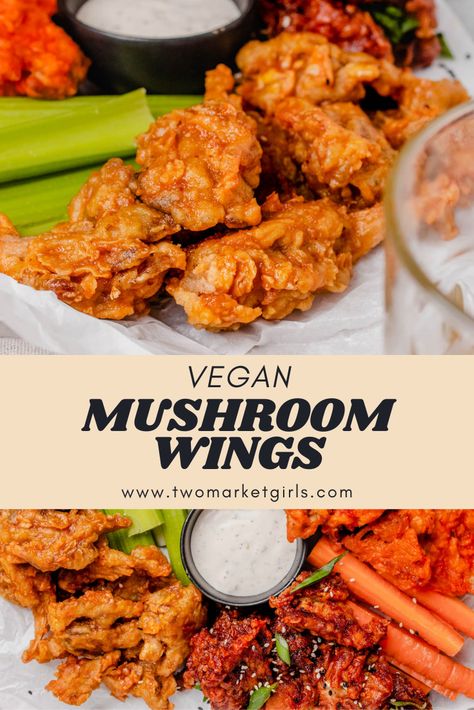 Fries Mushrooms Recipe, Oyster Mushroom Wings, Vegetarian Chicken Wings, Vegan Cremini Mushroom Recipes, Vegan Meals With Mushrooms, Vegan Legume Recipes, Vegan Fried Mushrooms, Vegan Wings Recipe, King Trumpet Mushroom Recipe Vegan