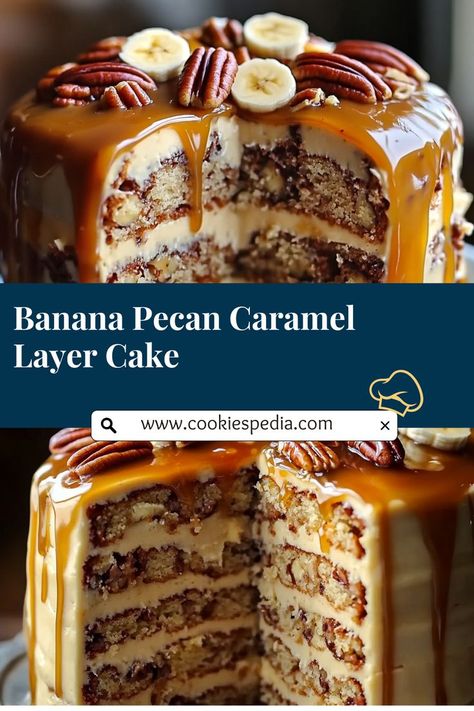 Carmel Banana Pecan Cake, Caramel Layer Cake, Pecan Desserts Recipes, Carmel Cake, Cake With Layers, Moist Banana Cake, Pecan Desserts, Banana Buttermilk, Creamy Caramel