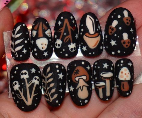 Sydney Petty | #mushroomnails #witchynails #gothnails #pressonnails #nails #nailart #nailinspo | Instagram Mushroom Nails Acrylic, Mushroom Nails, Black Mushroom, Witchy Nails, Goth Nails, April 22, Nails Acrylic, Nails Nailart, Makeup Nails