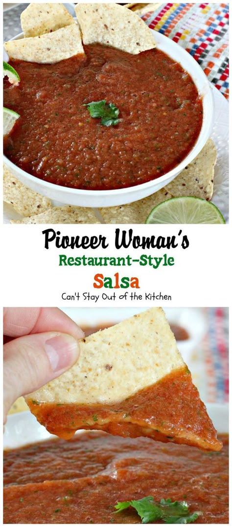 Restaurant-Style Salsa.  Restaurant-Style Salsa    Print Prep time 10 mins Total time 10 mins   This amazing salsa recipe is so quick and easy, you can whip it up in 10 minutes or less! Healthy, low calorie, gluten free and vegan. Author: Teresa Ambra - recipe from The Pioneer Woman Recipe type: Appetizer Cuisine: Tex-Mex Serves: 12 Ingredients 1 28-oz. can whole tomatoes, undrained 2 10-oz. cans diced tomatoes and green chilies, undrained ¼ cup chopped onion 1 clove garlic, minced 1 whole Ree Drummond Salsa Recipe, Restaurant Style Salsa, Salsa Guacamole, Salsa Recipes, Pioneer Woman Recipes, Appetizers And Dips, Salsa Recipe, Salsa Verde, Mexican Dishes