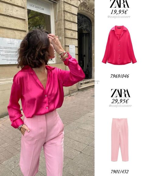 Elegant T Shirt Outfit, Barbiecore Work Outfit, Silk Pink Shirt Outfit, Fuchsia Blouse Outfit, Pink Silk Shirt Outfit, Fuchsia Shirt Outfit, Fushia Top Outfit, Pink Satin Top Outfit, Satin Top Outfit