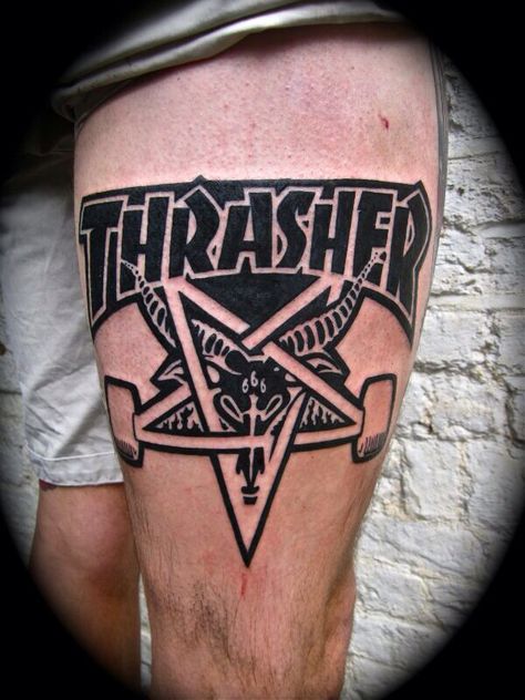 Thrasher skate tattoo Spitfire Tattoo Skate, Thrasher Tattoo, Skateboarding Tattoo, Tattoo Skate, Skater Tattoos, Rosary Bead Tattoo, Skate Tattoo, Skateboard Tattoo, Thrasher Skate