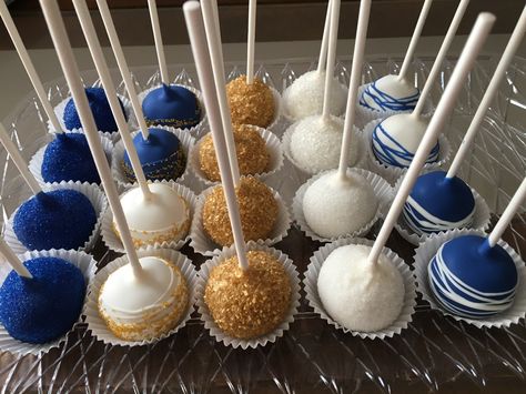 Blue And Gold Dessert Table Ideas, Royal Blue And Gold Cake Pops, Blue And Gold Rice Krispie Treats, Cake Pops Blue And Gold, Royal Blue And Gold Treats, Royal Blue And Gold Dessert Table, Navy Blue And Gold Dessert Table, Blue And Gold Grad Party, Blue And Gold Candy Table