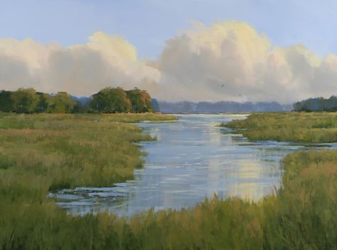 Marsh Reflections by Carolyn Walton, Oil, 30 x 40 Marsh Oil Paintings, Marsh Drawing, Dream Catcher Canvas, Marsh Painting, Beach Landscapes, Rococo Art, Salt Marsh, Oil Painting Nature, River Painting