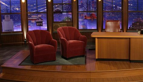 Late Night Show Aesthetic, Talk Show Host Aesthetic, Talk Show Aesthetic, User Interview, James Cordon, Interview Rooms, Tv Set Design, Craig Ferguson, Tv Talk Show