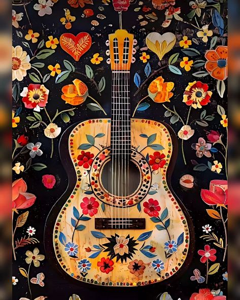 "Strings and petals intertwine, creating a symphony of colors 🌼🎸 Selling this captivating guitar painting online, exclusively on Instagram. Don't miss out on this floral masterpiece! ❤️ Dm us for more information 🤠 #guitarart #floralvibes #butterflylove #natureinspiredart #musicalmelodies #onlineartsales #colorfulcreations #guitarlove #onlineartgallery #butterflyguitar #floralsymphony #onlineartmarket #shopnow #getyours #limitededition #Sanskritiartsindia Guitar Paintings, Painted Instruments, Mexican Guitar, Painted Guitar, Guitar Artwork, Fly Love, Floral Wallpaper Iphone, Guitar Painting, Guitar Art