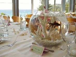 Nautical Nights... fishbowl centerpiece Mermaid Centerpiece, Fish Centerpiece, Beach Wedding Centerpieces, Fishing Wedding, Tafel Decor, Sea Wedding, Beach Events, Beach Themed Party, Beach Lunch