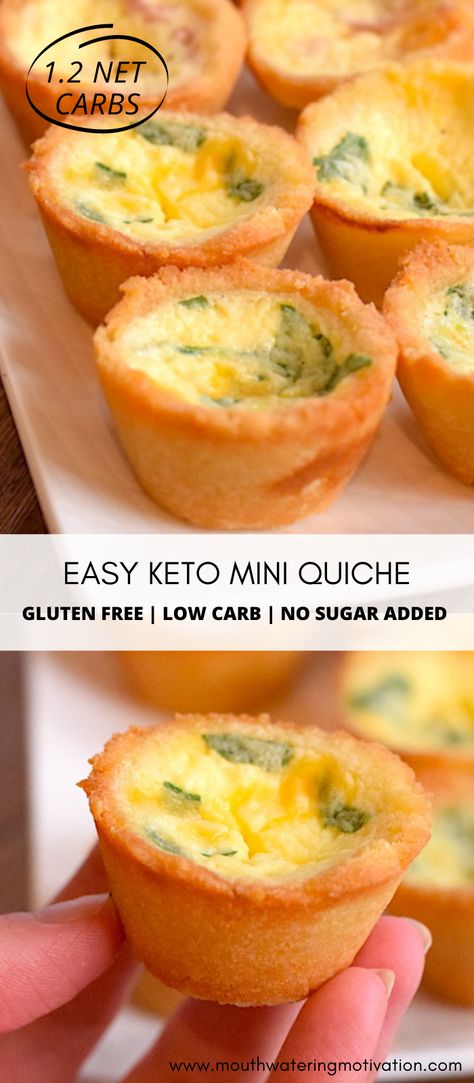 These keto mini quiche are so cute and make the perfect little keto appetizer or low carb snack! The have a golden brown crust with a rich, creamy egg and cheese filling. #ketominiquiche #ketoquichecrust #ketoquicherecipe #lowcarbquiche #ketoquichelorraine Eggs Keto Recipes, Low Carb Quiche Crust, Keto On The Go Lunch, Quiche With Crust, Keto Brood, Keto Snack Recipes, Keto Low Carb Recipes, Low Carb Quiche, Keto Quiche