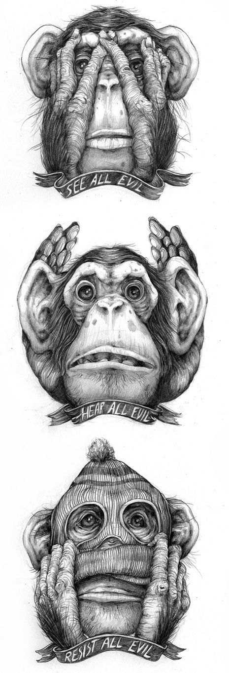 Pat Perry, Three Monkeys, See Tattoo, Gorilla Tattoo, Monkey Tattoos, Three Wise Monkeys, Wise Monkeys, Monkey Art, Tattoo Design Drawings