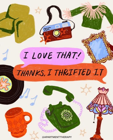 @apartmenttherapy thrift always creating the best second hand graphics • • • • • • • • • • • #secondhand #secondhandfashion #thrifted #thriftstorefinds #thriftedfashion #sustainablefashion #thanksitsthrifted #thelovelois #reseller #resellercommunity #poshboss #poshmark #poshmarkseller #mercari #mercariseller #resellerwelcome #fashionstyle #fashion #thriftexpert #thrifty  #thelovelois #thrifting Thrift Illustration, Thrifting Quotes, Flea Market Design, Shopping Illustration, Thrift Aesthetic, Thrifting Aesthetic, Best Thrift Stores, Future Thinking, Design Scrapbook