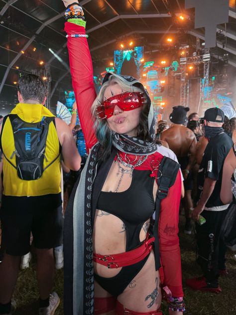 festival outfit rave outfit rave inspo Devil Rave Outfit, Goth Rave Aesthetic, Red And Black Rave Outfit, Dubstep Outfits, Red Rave Outfit, Rave Outfits Black, Black Rave Outfits, Edm Rave Outfits, Disco Biscuits