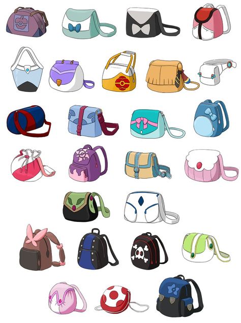 Pokemon Trainer Accessories, Pokemon Clothing Design, Pokemon Bag Art, Pokemon Oc Outfit Ideas, Pokemon Style Character, Pokemon Oc Template, Pokémon Trainer Outfit, Pokemon Pose Reference, Backpack Drawing Reference