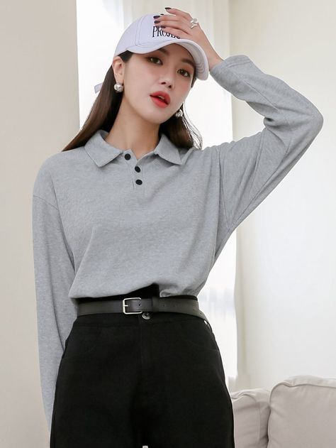 Grey Casual  Long Sleeve Polyester Plain  Embellished Slight Stretch Spring/Fall Women Tops, Blouses & Tee Polo Neck Tshirt Women Outfit, Casual Polo Shirt Outfit Women, Grey Polo Shirt Outfit Women, Japanese Outfits Women, Long Sleeve Polo Outfit Women, Grey Blouse Outfit, Long Sleeve Polo Outfit, Polo Shirt Outfit Women's, Korean Winter Outfits