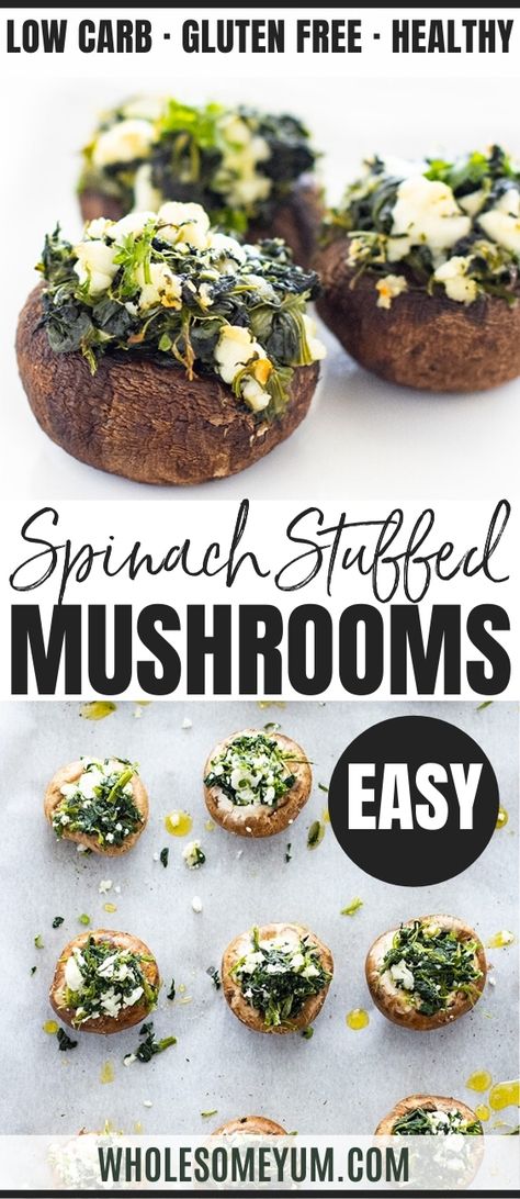 Low Carb Spinach Stuffed Mushrooms Recipe - An easy spinach stuffed mushrooms recipe with feta cheese and garlic! Healthy low carb stuffed mushrooms with spinach taste like Greek spanakopita and take just 30 minutes. Only 6 ingredients! #wholesomeyum #mushrooms #spinach #fetacheese #appetizers Stuffed Mushrooms With Spinach, Recipe With Feta Cheese, Low Carb Stuffed Mushrooms, Healthy Stuffed Mushrooms, Greek Spanakopita, Stuffed Mushrooms Easy, Feta Cheese Recipes, Foodporn Recipes, Stuffed Mushroom