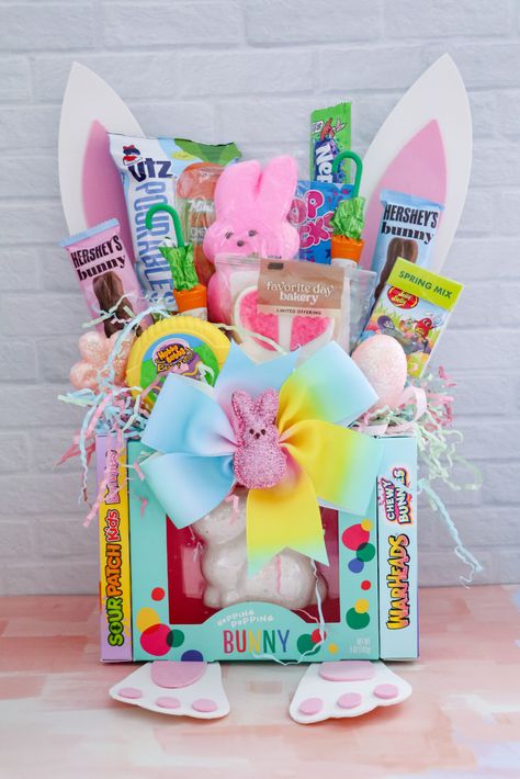 Easter Bunny Candy Bouquet Basket Candy Bouquet Ideas, Easter Candy Bouquet, Bouquet Basket, Cotton Candy Cone, Easter Theme Party, Easter Bouquet, Candy Arrangements, Candy Easter Basket, Easter Arrangement