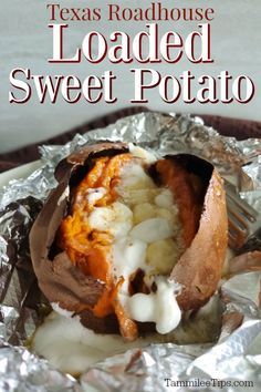 Texas Roadhouse Sweet Potato Sauce, Texas Roadhouse Sweet Potato Recipe, Loaded Sweet Potato Recipes, Baked Sweet Potato Oven, Sweet Potato Side Dish Recipes, Crockpot Applesauce Recipe, Roadhouse Butter, Resturant Menu, Loaded Baked Sweet Potato