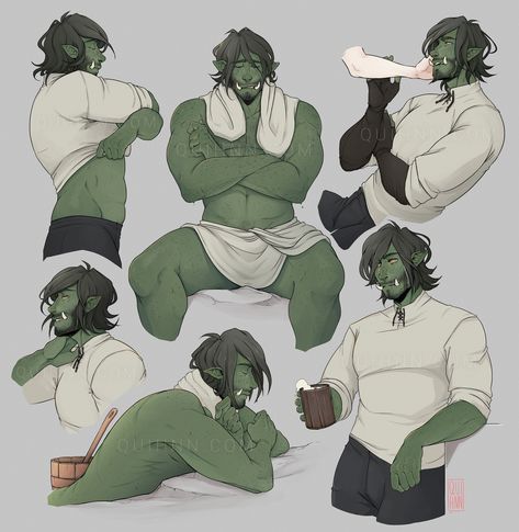 Hot Male Goblin Art, Bulky Character Design Male, Orc Husband, Orc Boyfriend, Himbo Oc Male, Orc Male Character Design, Dnd Orc Male, Half Orc Male Character Design, Half Orc Character Design