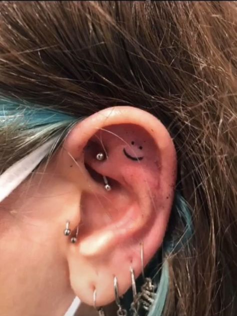 Ear Tattoo Aesthetic, Ear Stick And Poke, Smile Face Tattoo, Smiley Face Tattoo, Physical Manifestation, Stick Tattoo, Smile Tattoo, Wave Tattoo, Star Tattoo Designs