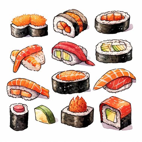 Premium AI Image | A close up of a bunch of sushi on a white background generative ai Sushi Watercolor, Sushi Png, Sushi Drawing, Japanese Food Illustration, Sushi Dishes, Products Packaging, Sushi Art, Amazing Food Art, Culinary Art