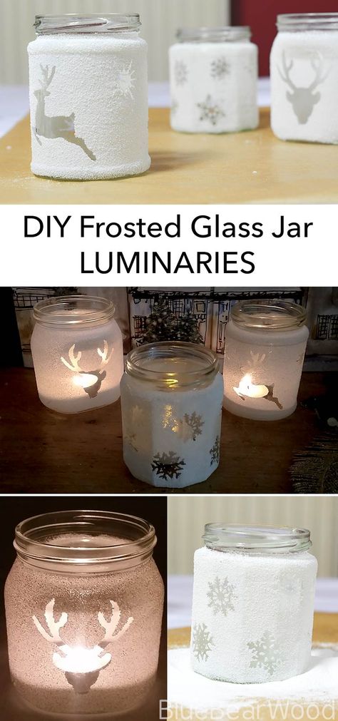 Easy Upcycled Jam Jar DIY Frosted Luminaries Tutorial Jam Jar Crafts, Christmas Fayre Ideas, Christmas Candles Diy, Crafts With Glass Jars, Diy Jul, Christmas Jars, Jar Diy, Jam Jar, Christmas Makes